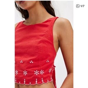 Free People Kayla Solid Embroidered Crop Blouse, L, Flame Red, NWOT